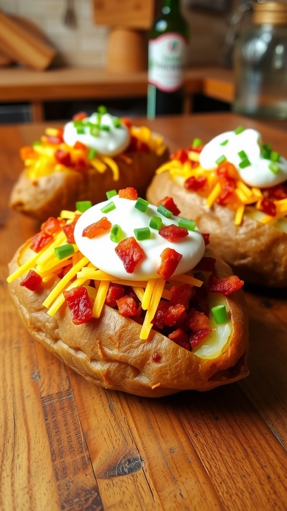 Three loaded baked potatoes with sour cream, bacon, and chives on a wooden table.